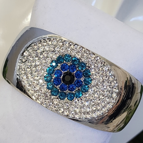 Silver Statement Clamper Hinge Bracelet Crystal Evil Eye - Picture 3 of 13
